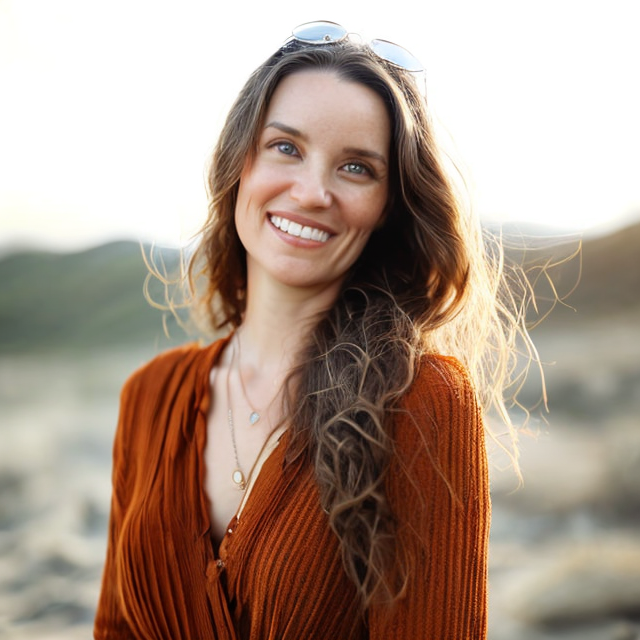 A smiling woman with long wavy hair wearing sunglasses on her head, a rust-colored top, and layered necklaces, outdoors on a sunny day.