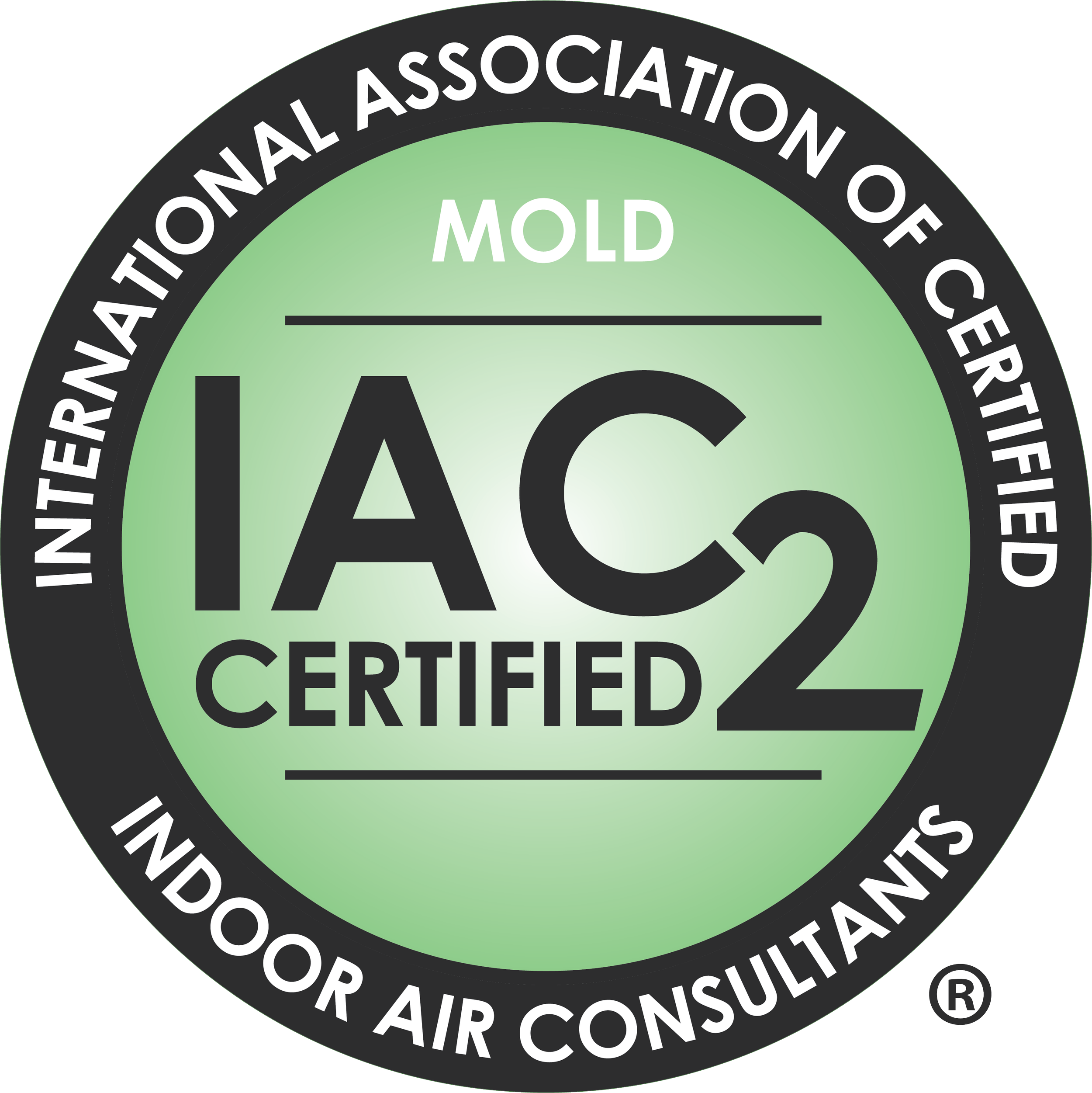 A circular certification badge with a black outer ring and a green inner circle. The black ring contains the text 'INTERNATIONAL ASSOCIATION OF CERTIFIED AIR CONDITIONING TECHNICIANS' in white uppercase letters. The green circle features the word 'MOLD' at the top and the word 'CERTIFIED' at the bottom, with the letters 'IAC' prominently displayed in the center.