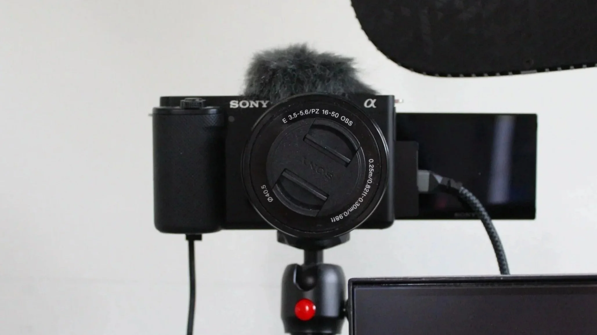 A Sony digital camera mounted on a tripod with a fuzzy microphone on top, connected to a computer monitor.