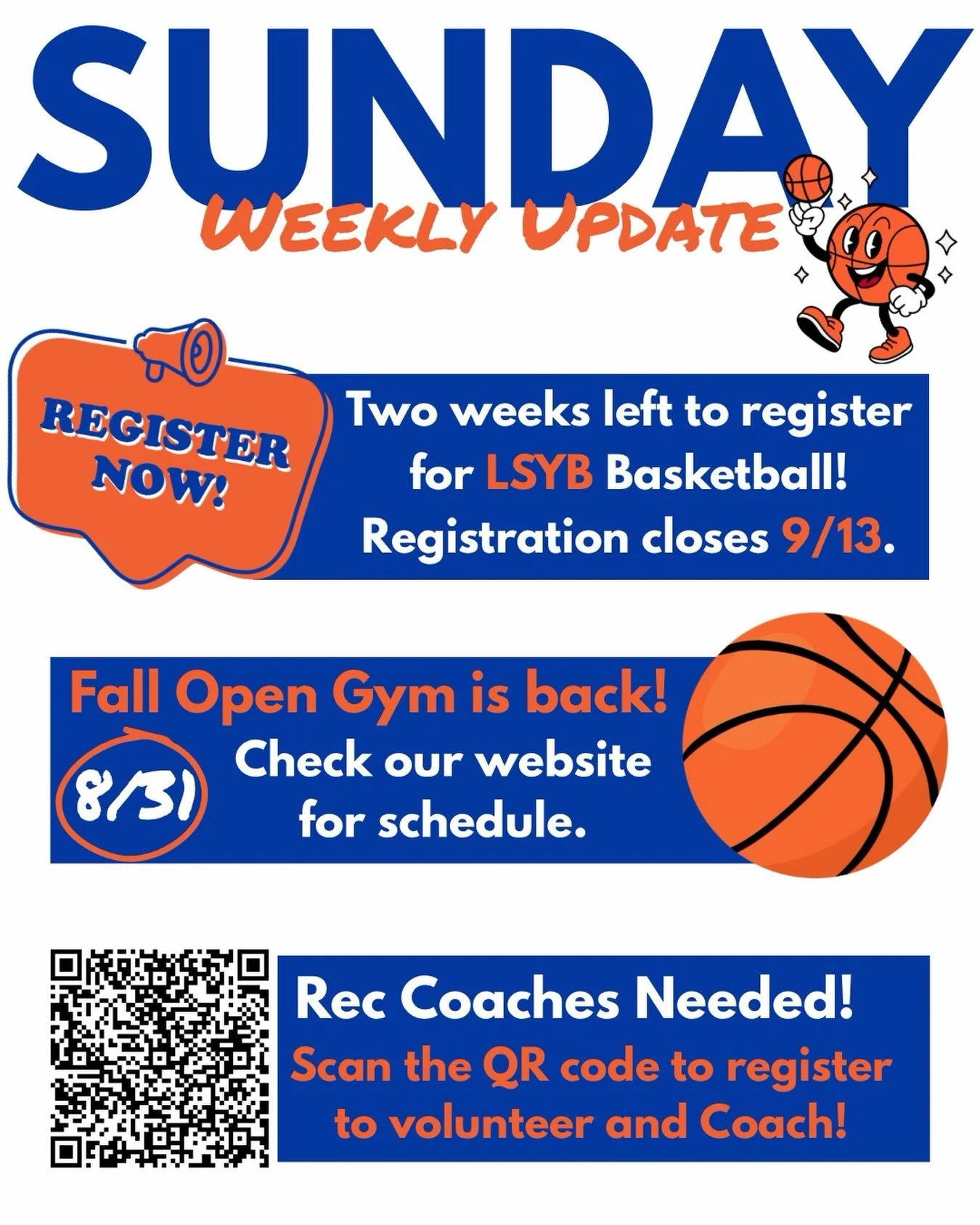 📣🏀 LSYB Weekly Update &ndash; 8/30/26

🎒SCHOOL IS BACK &amp; BASKETBALL IS RIGHT AROUND THE CORNER! 

With fall open gyms starting TOMORROW and ONLY 2 WEEKS LEFT TO REGISTER, now is the time to get your player signed up!

📣 1. 2026 REGISTRATION &