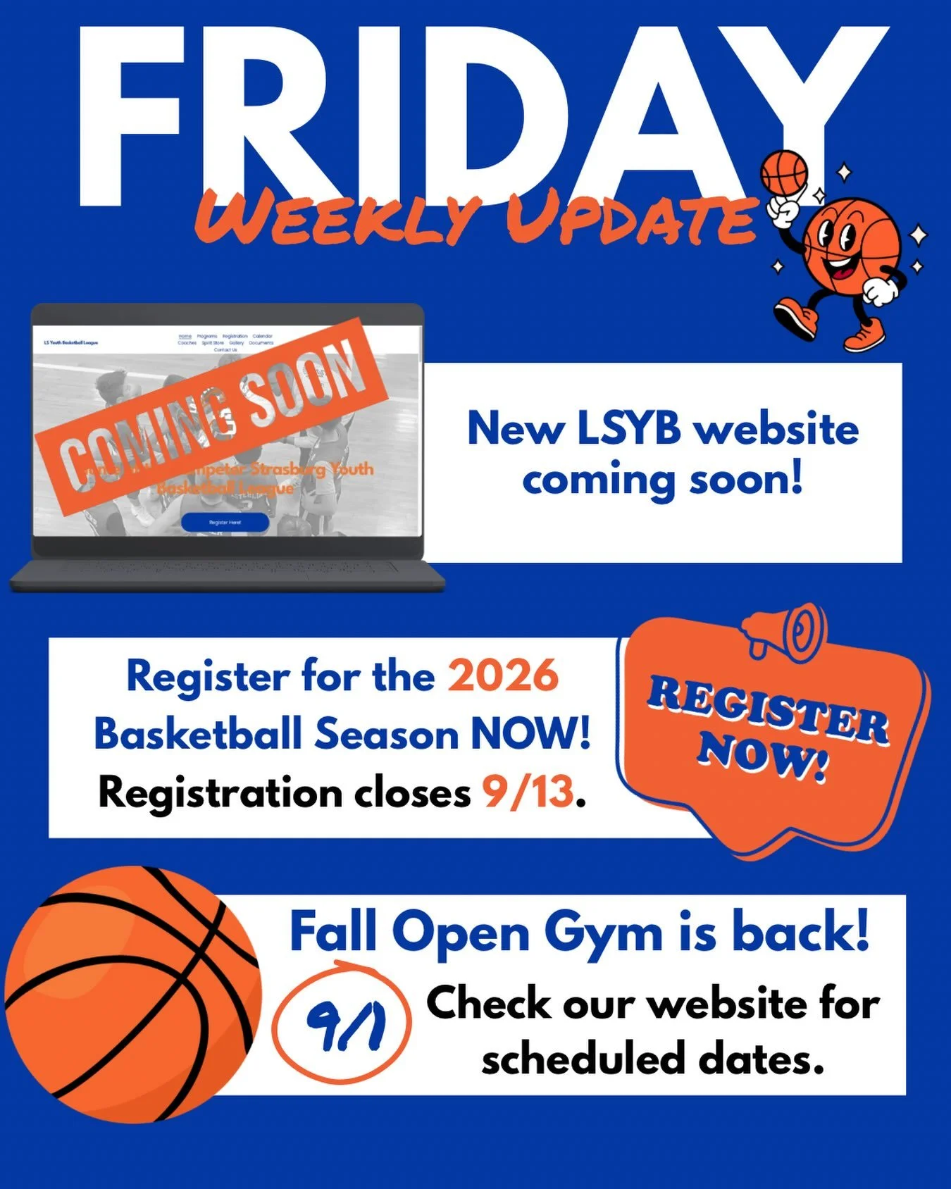 📣🏀LSYB Weekly Update - 8/7/26

We&rsquo;ve got a lot happening as we get ready for another exciting basketball season!

🌐 A New &amp; Improved LSYB is Coming Soon!
We&rsquo;re putting the finishing touches on our brand-new website and refreshed so