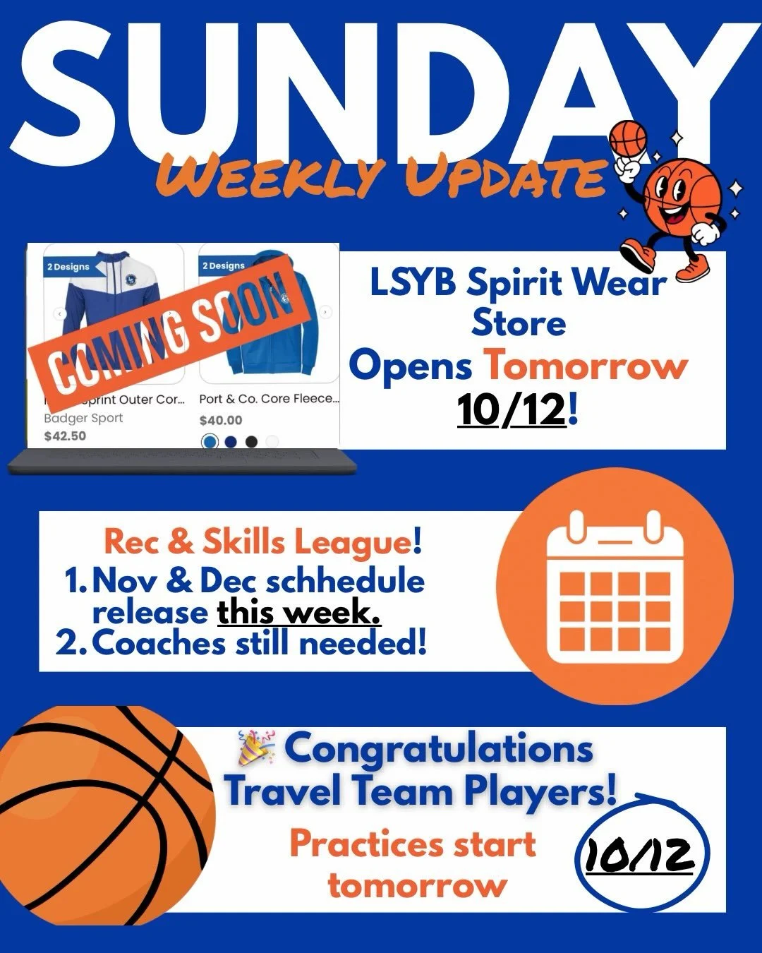✨🏀 LSYB Weekly Update - 10/11

We&rsquo;re gearing up for an exciting season! Here&rsquo;s what families need to know for this week:

📌 REGISTRATION PAYMENTS
Rec &amp; Skills families with past-due fees must pay this week to avoid cancellation. Spo
