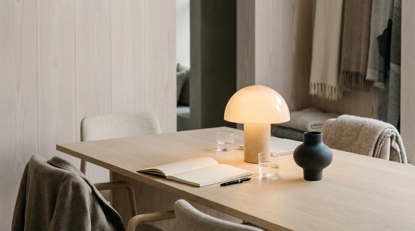 A modern wooden dining table with a mushroom-shaped beige table lamp, a black vase, an open notebook, a pen, and four glasses of water, surrounded by upholstered chairs in a cozy, elegant room.