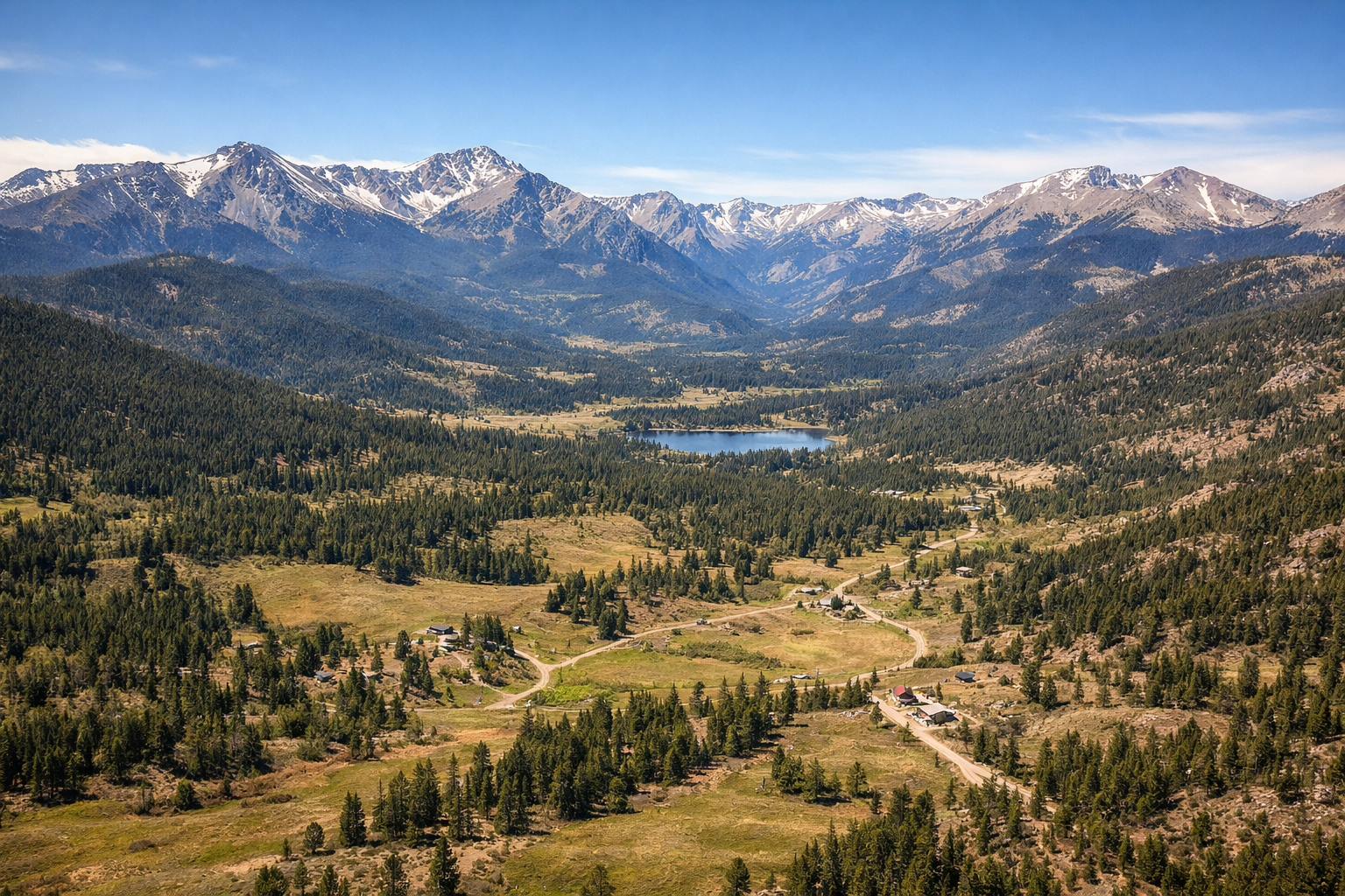 A vast mountain landscape with snow-capped peaks, a valley with green forests, a lake, and scattered houses and roads