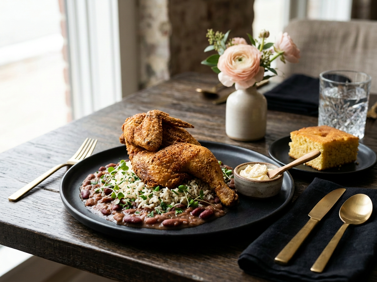 Fried chicken with rice and beans on a black plate, accompanied by a small bowl of dipping sauce, a slice of cornbread, a glass of water, a gold fork and spoon on a black napkin, and a vase with pink and white flowers on a dark wooden table near a window.