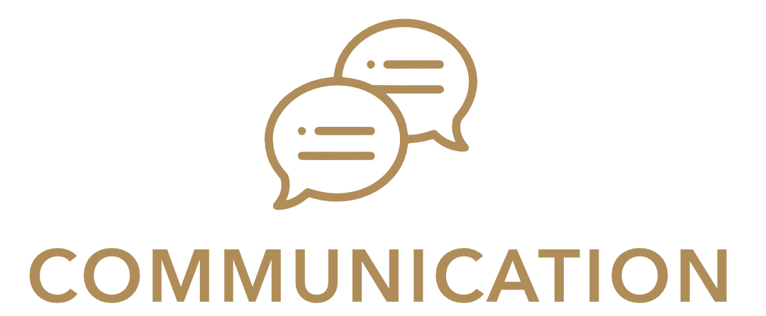 Two speech bubbles with lines representing text and the word 'Communication' below in brown font.