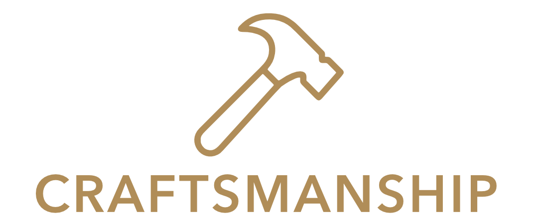 Illustration of a hammer above the word 'CRAFTSMANSHIP' in brown text.