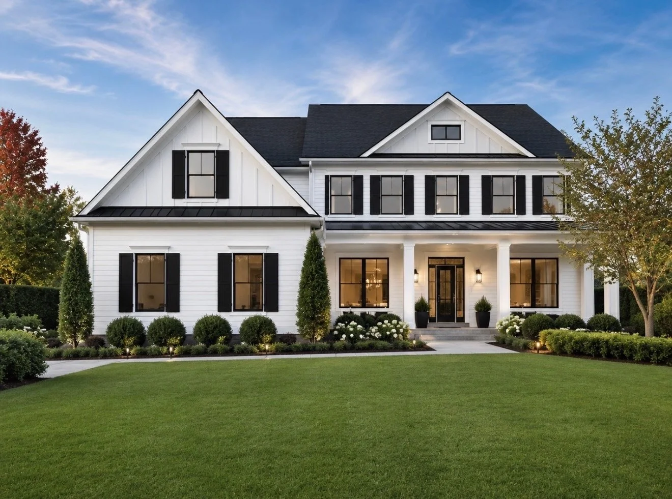 A modern two-story white house with black shutters, black roof, and a front porch landscape with trees, bushes, and grass under a partly cloudy sky.