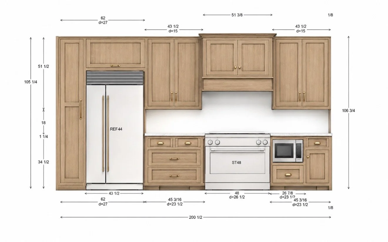 A detailed kitchen cabinet layout with measurements, featuring wooden cabinetry, a refrigerator, an oven, a microwave, and various cabinet drawers and doors.