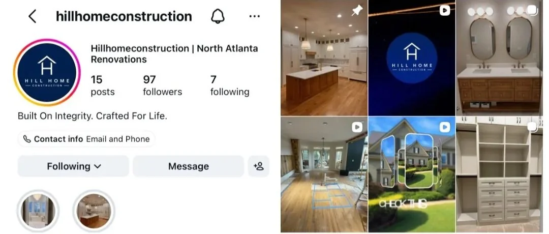 Instagram profile for Hillhomeconstruction, based in North Atlanta, featuring posts of interior home renovations including kitchens, bathrooms, and bedrooms, with images of wood flooring, cabinetry, and a house exterior.