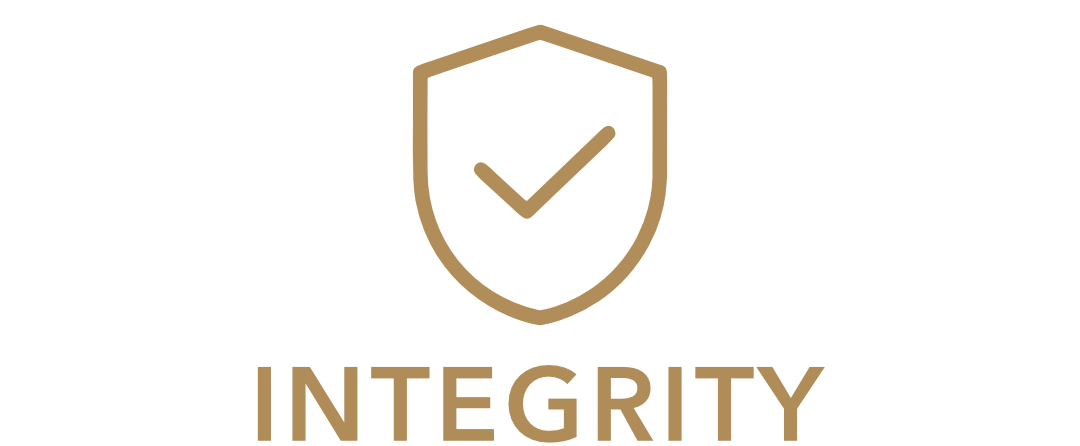 Integrity icon with a shield and checkmark, and the word integrity underneath.