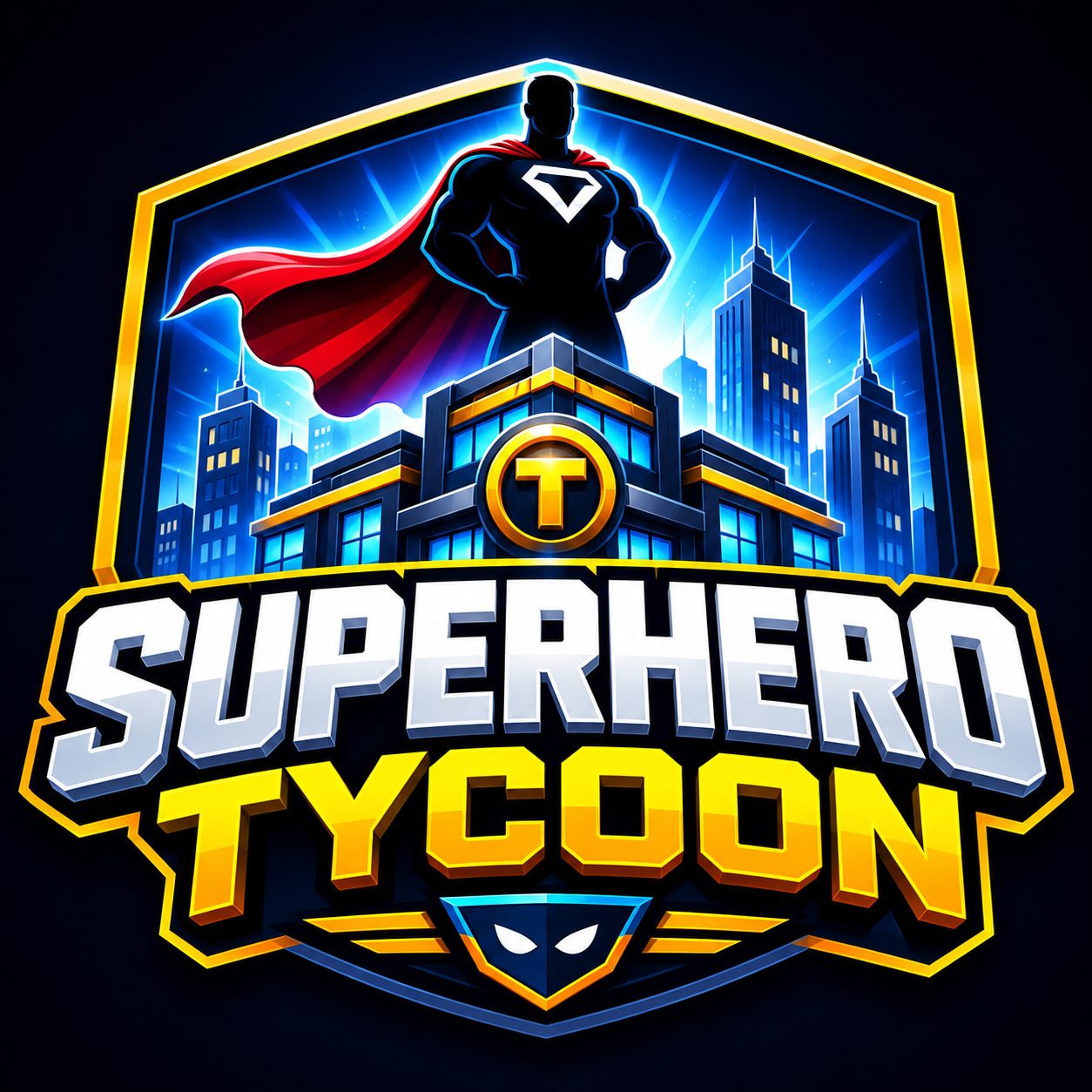 Logo for Superhero Tycoon featuring a superhero figure with a red cape, standing in front of a cityscape at night with illuminated skyscrapers, and the text 'Superhero Tycoon' below.