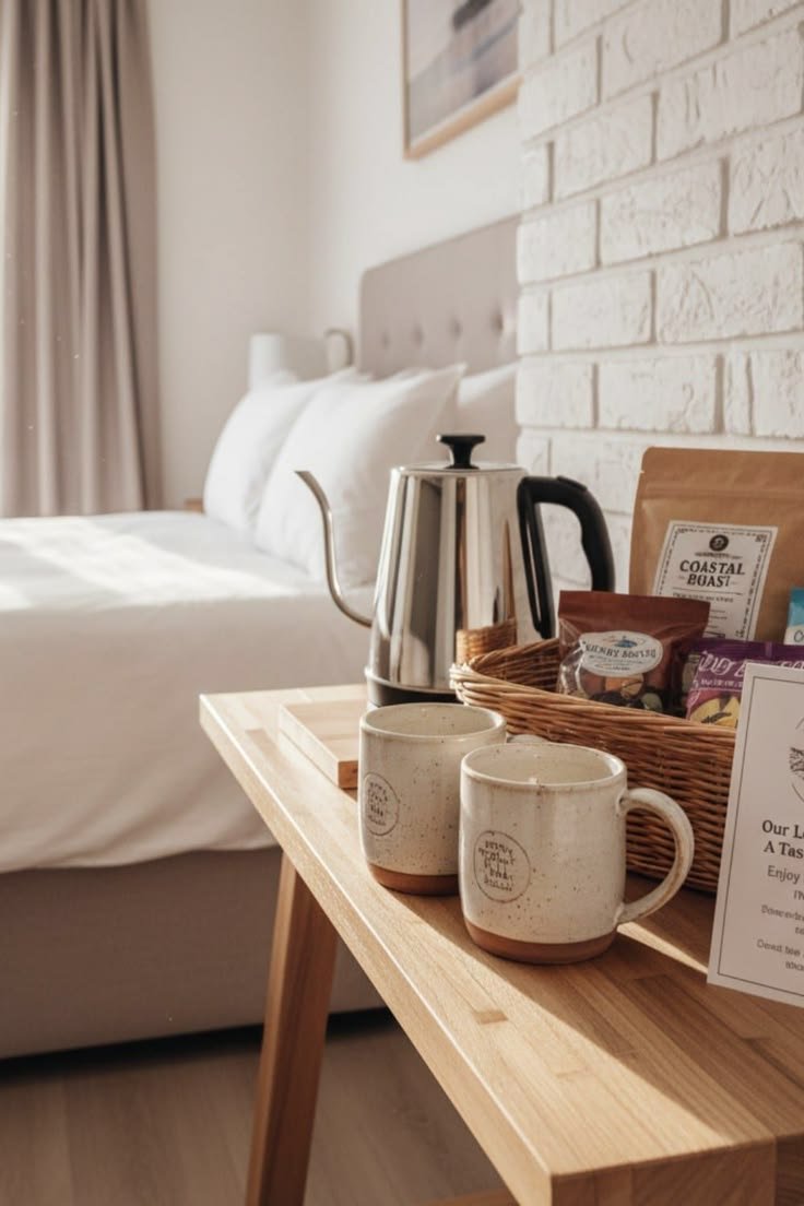 A cozy hotel room with a bed, white pillows, a beige headboard, a white brick wall, and a small wooden tray table holding a tea kettle, two ceramic mugs, a basket of snacks, and a menu card.