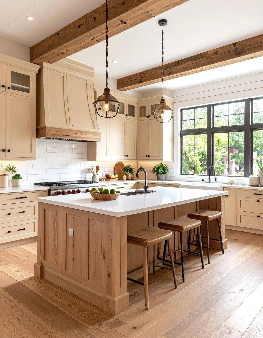 Bright kitchen with white cabinetry, a large island with a white countertop, and wooden stools. Exposed wooden beams on the ceiling, pendant lights, large window with black frame, and hardwood floors.