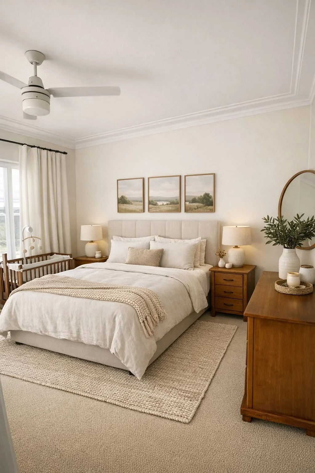 A cozy bedroom with a white bed, beige bedding, and multiple pillows, flanked by wooden nightstands with lamps. There is a wooden dresser with vases and a mirror, and a wooden crib nearby. The room has a ceiling fan and framed landscape art on the wall, with a large window covered by beige curtains.