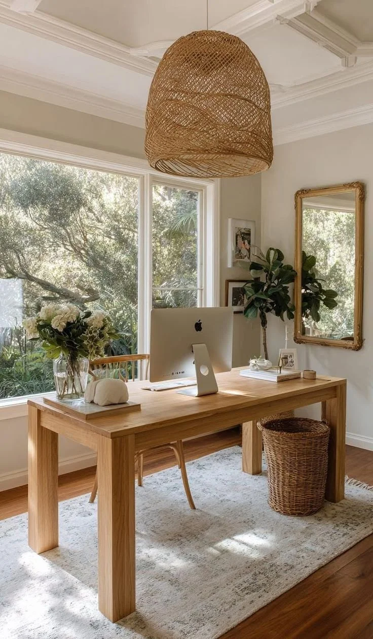 A home office with a wooden desk, a computer, a vase with flowers, a mirror, and a potted plant, near a large window with trees outside.