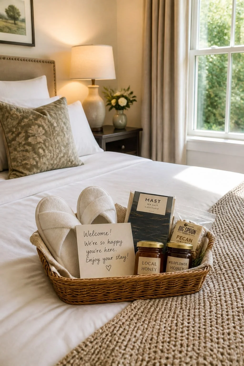 A cozy hotel bed with decorative pillows, a bedside lamp, and a basket containing slippers, honey jars, chocolates, and a welcome note.