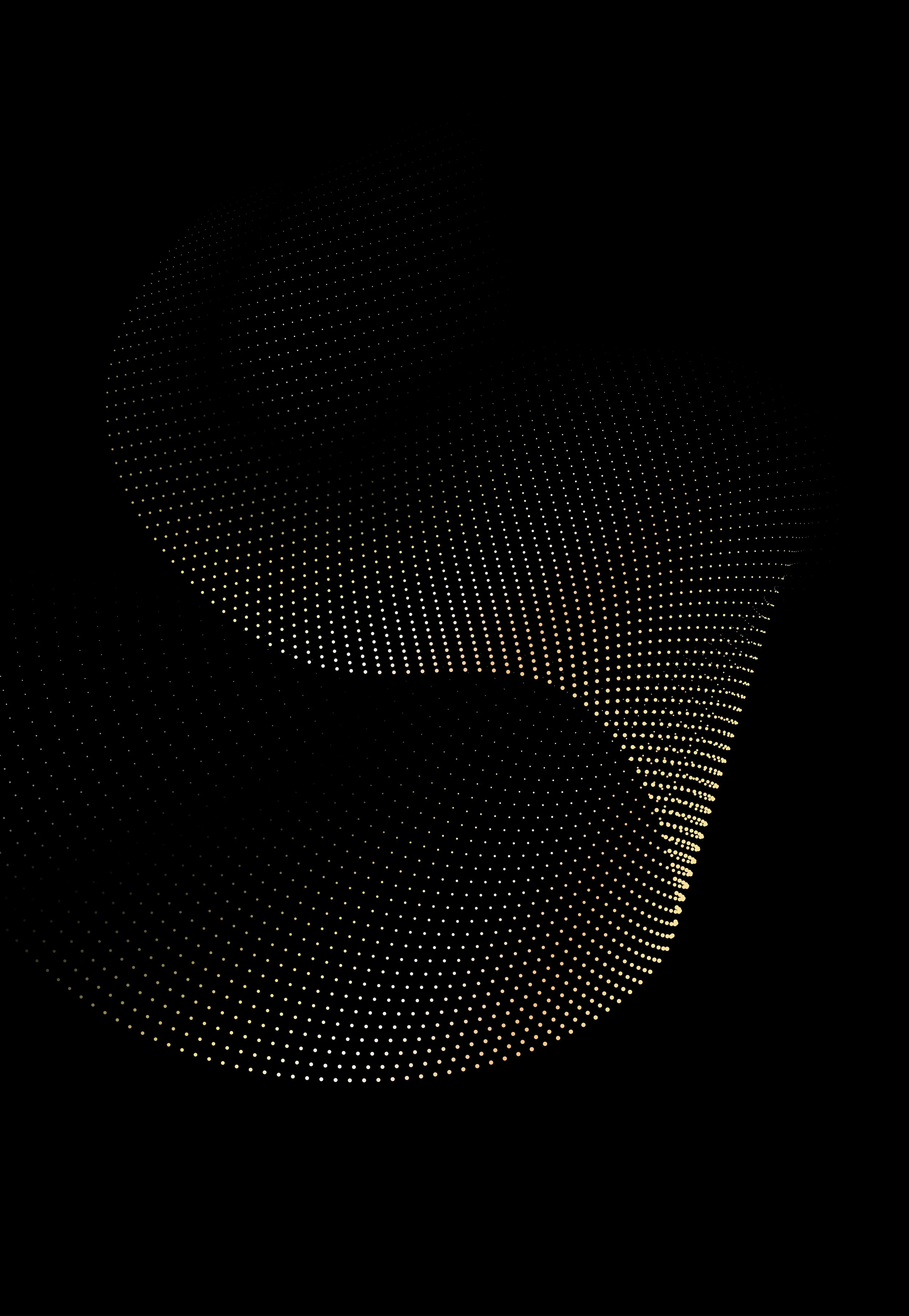 A dark digital art piece featuring a spherical shape formed by numerous small, glowing dots in a gradient of yellow, orange, and white, creating a three-dimensional, abstract appearance.