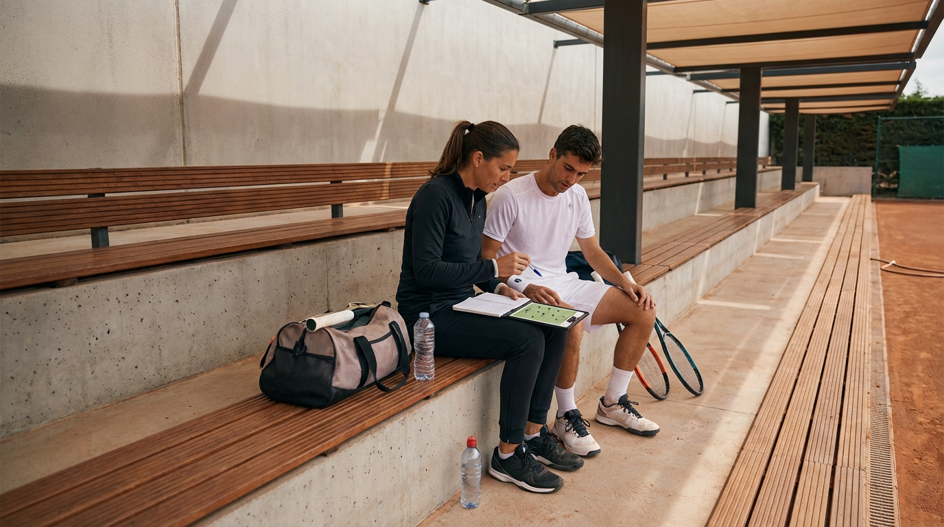 A young man and woman sitting on a bench at a tennis court, reviewing a tennis strategy on a tablet, with tennis rackets and water bottles nearby.