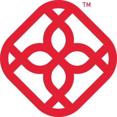 Red geometric logo resembling a stylized floral pattern with four interconnected loops within a tilted square outline on a black background.
