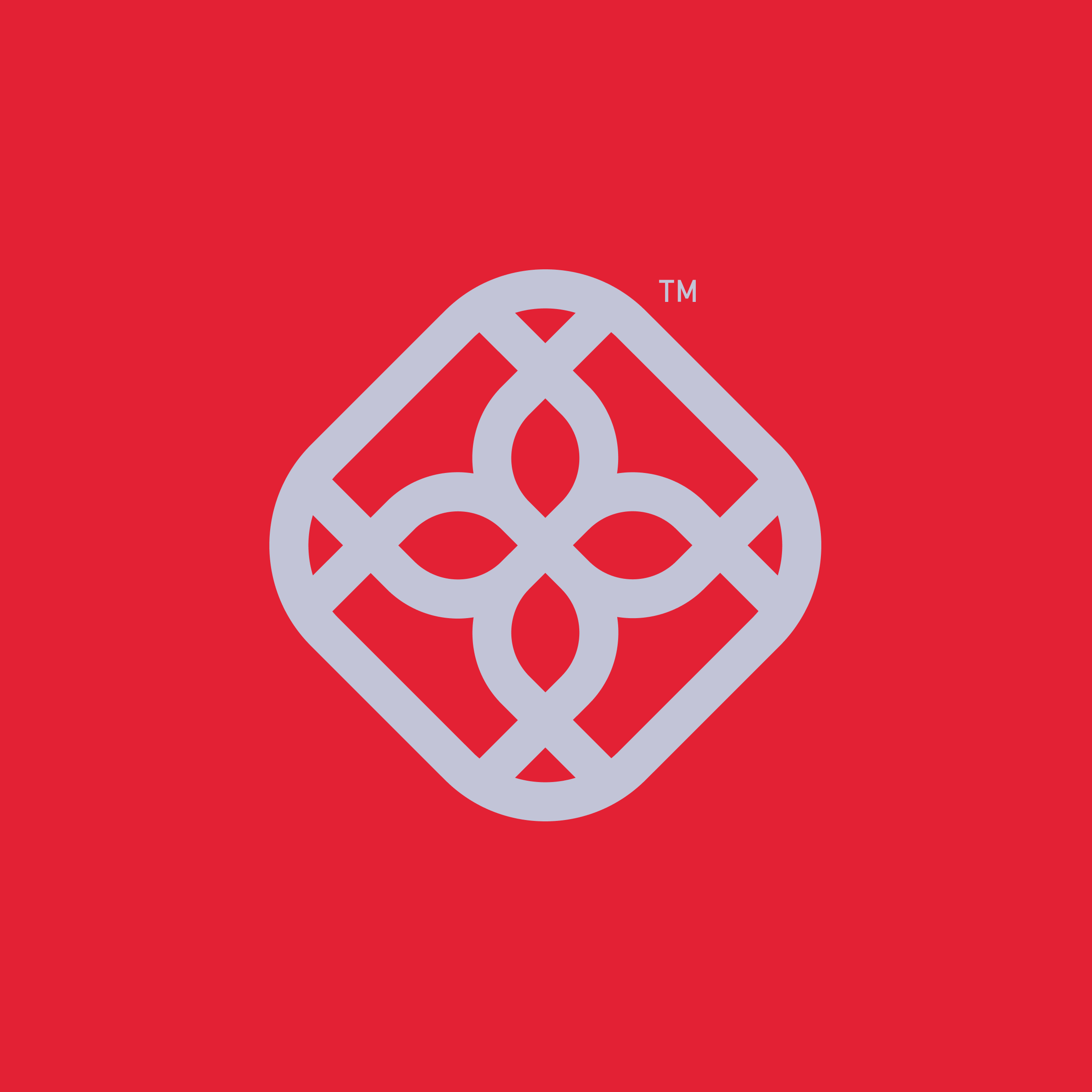 Close-up of a red background with a grey Celtic knot design and a small trademark symbol.