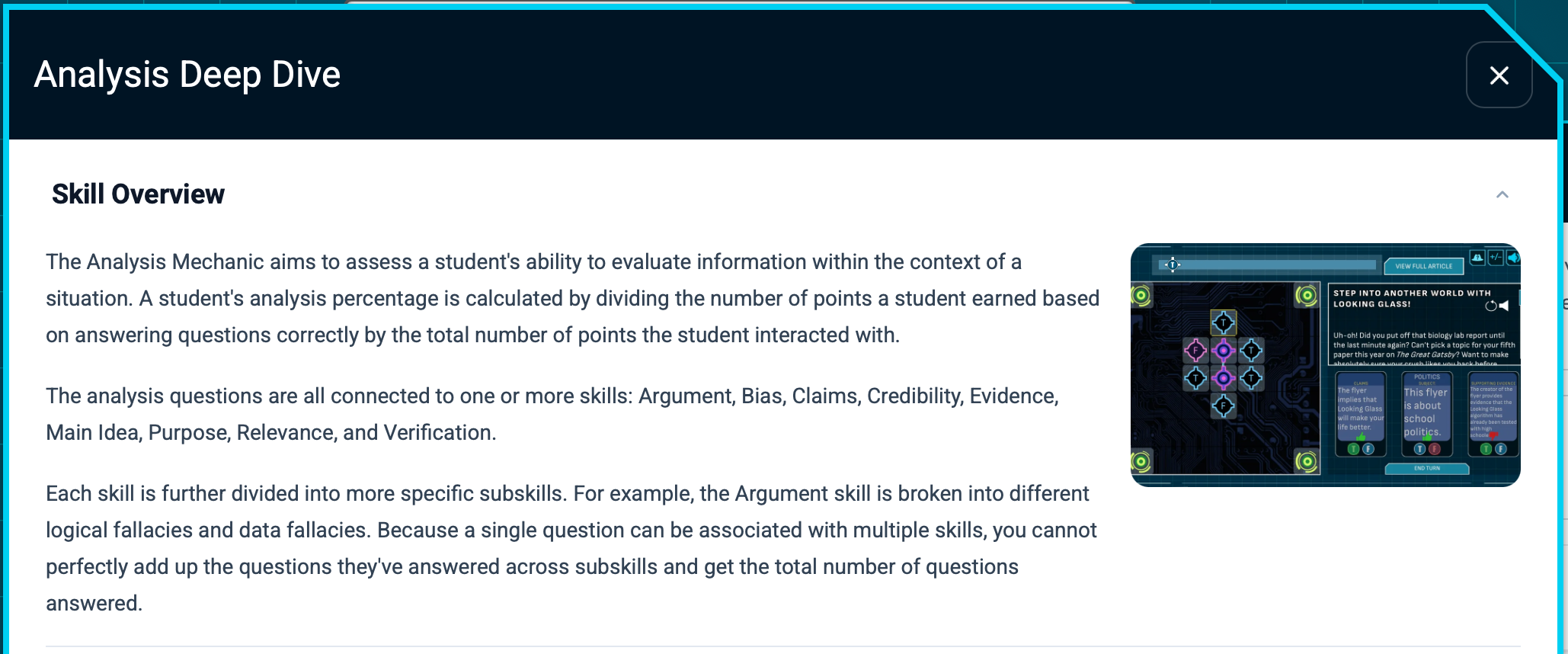 Screenshot of educational content titled 'Analysis Deep Dive' showing a section about skill overview with a diagram of interconnected nodes and a small infographic about school politics.