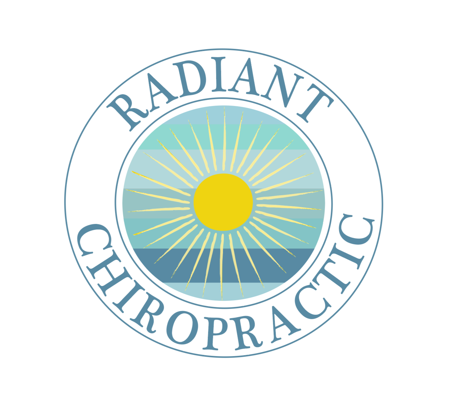 A custom logo for Radiant Chiropractic, a coastal chiropractic office seeking a visual identity inspired by sunlight and the ocean. 
