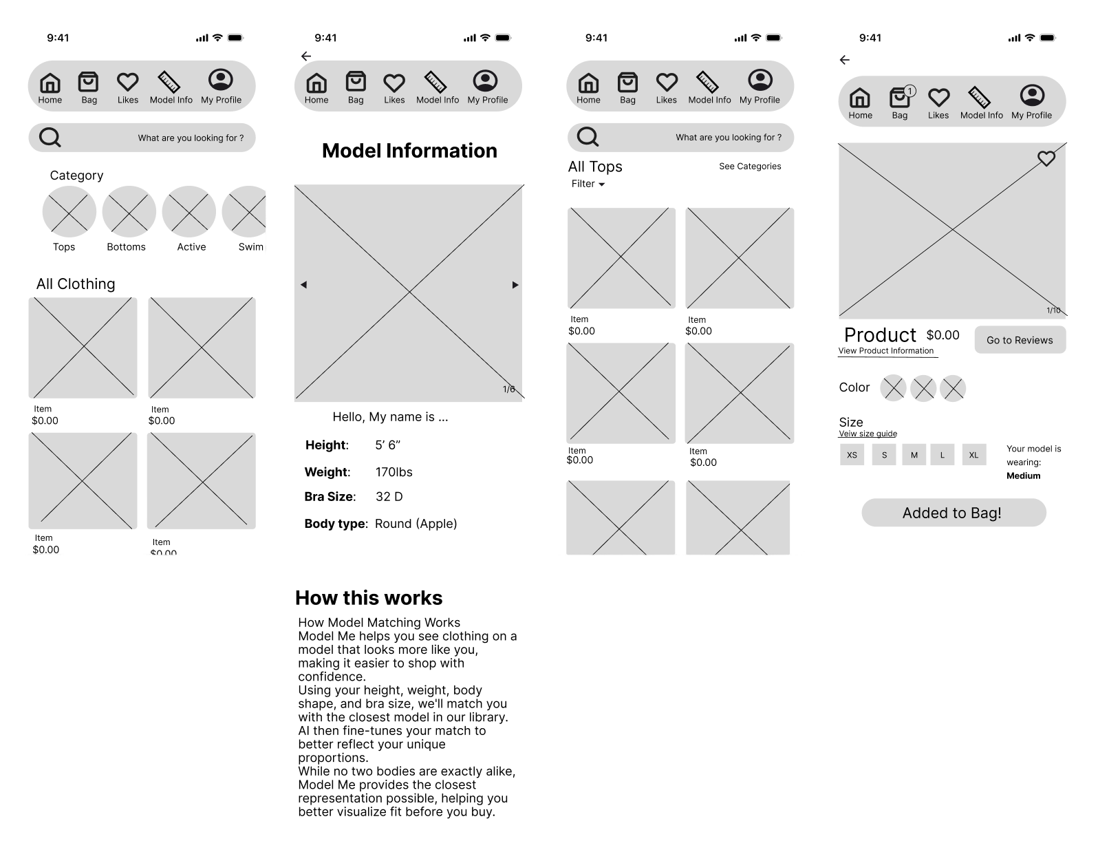 Screenshots of ModleMe wireframes after user testing