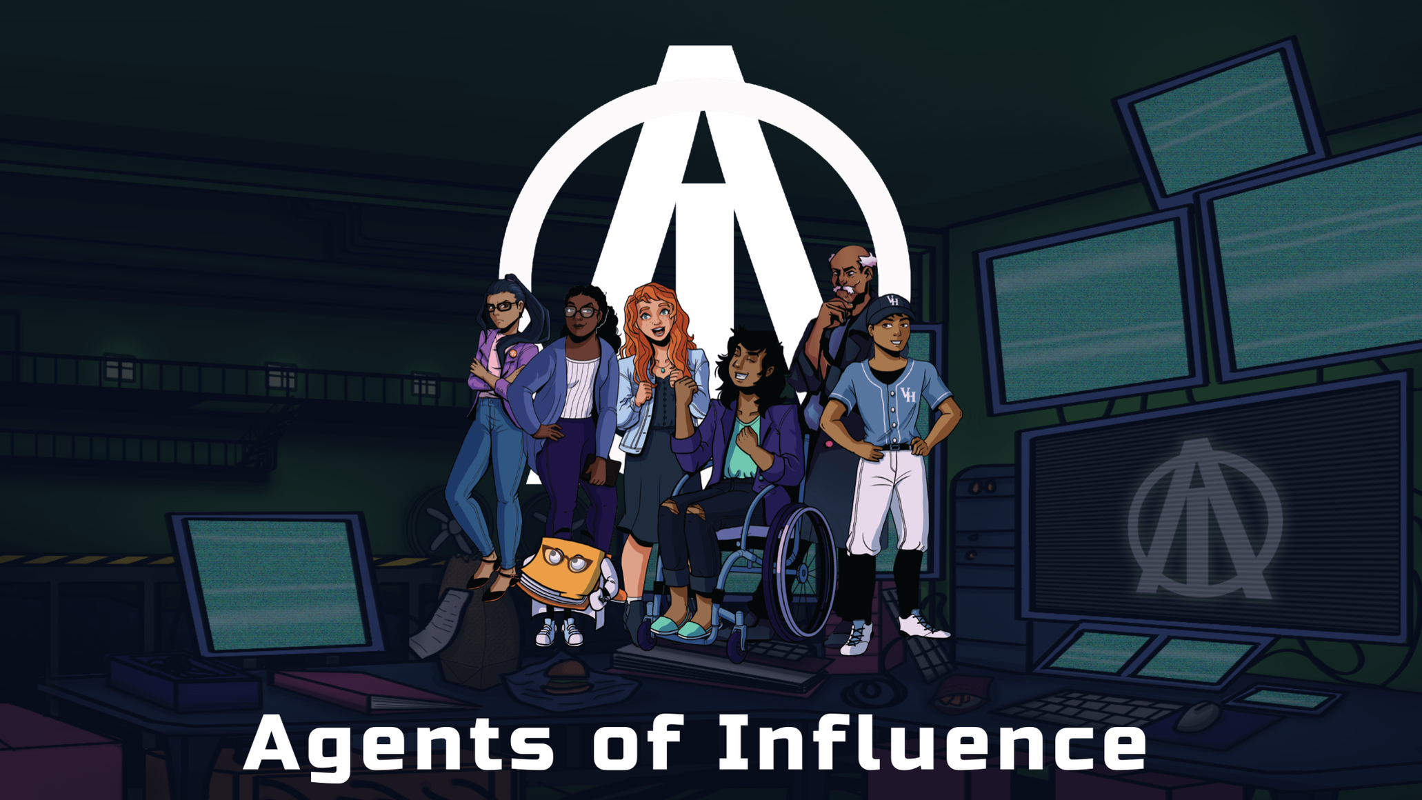 Cartoon illustration of diverse young people and a robot posing confidently in front of a large symbol of anarchy with screens and computers in the background, labeled 'Agents of Influence'.