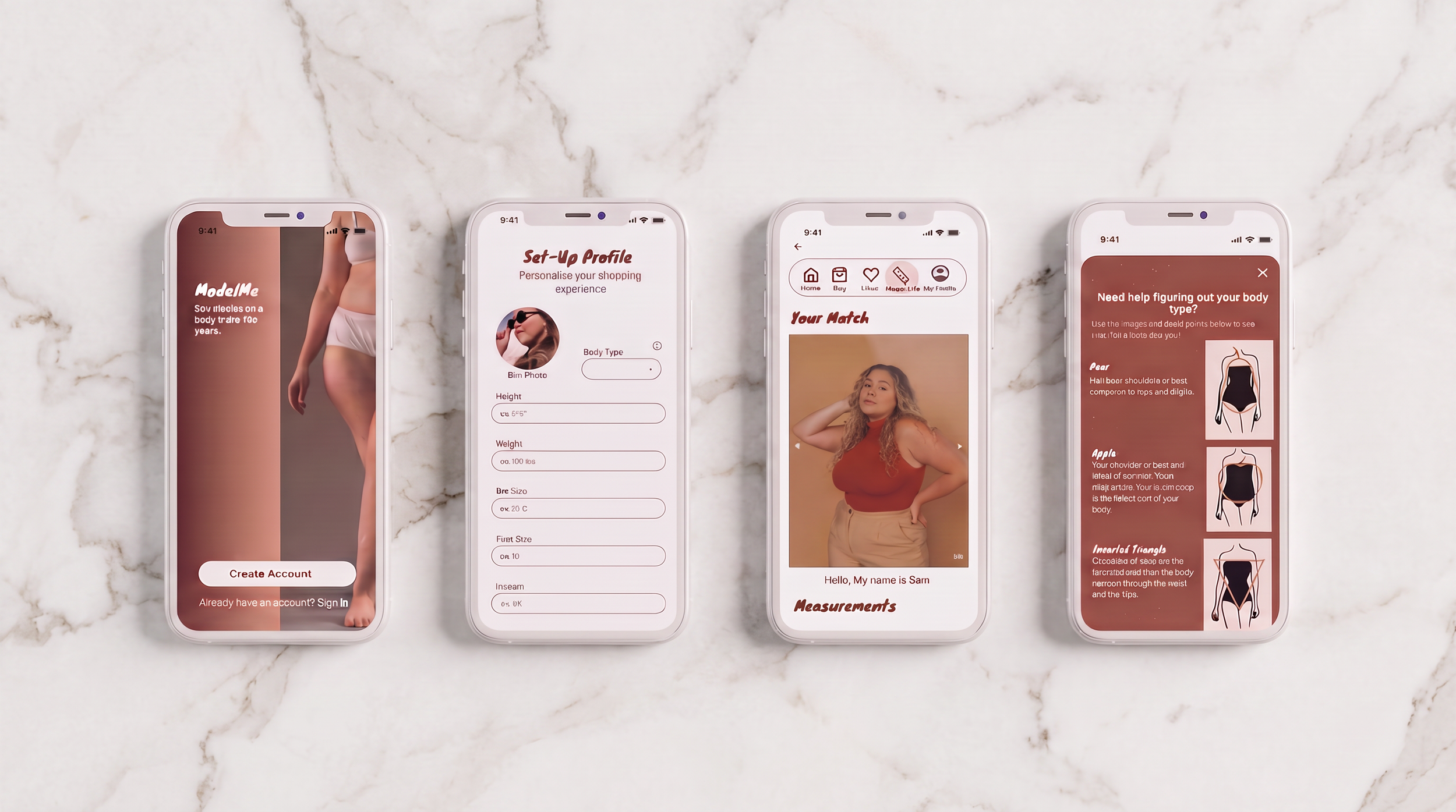 Four smartphones on a white marble surface displaying the ModleMe app. The screens displayed are the login page, profile setup, modle match and the body type guide.