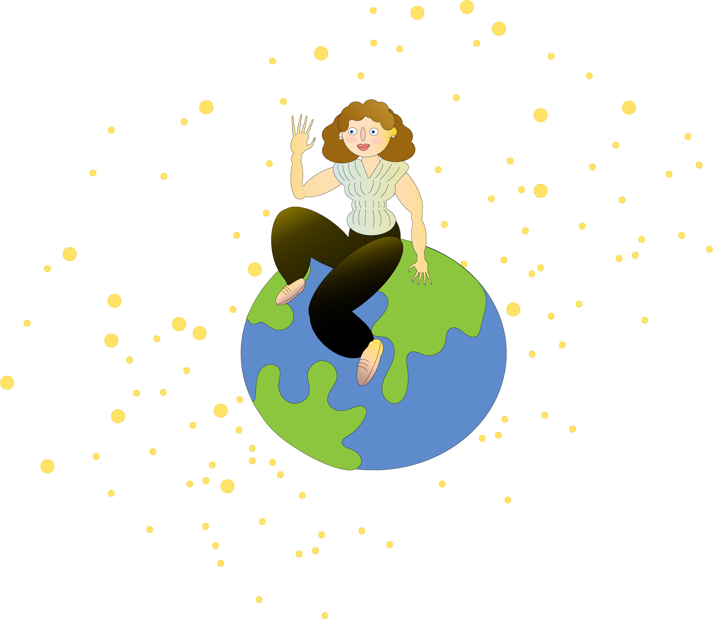 A cartoon illustration of Emma sitting cross-legged on top of the Earth, with one hand raised in a wave or greeting gesture.