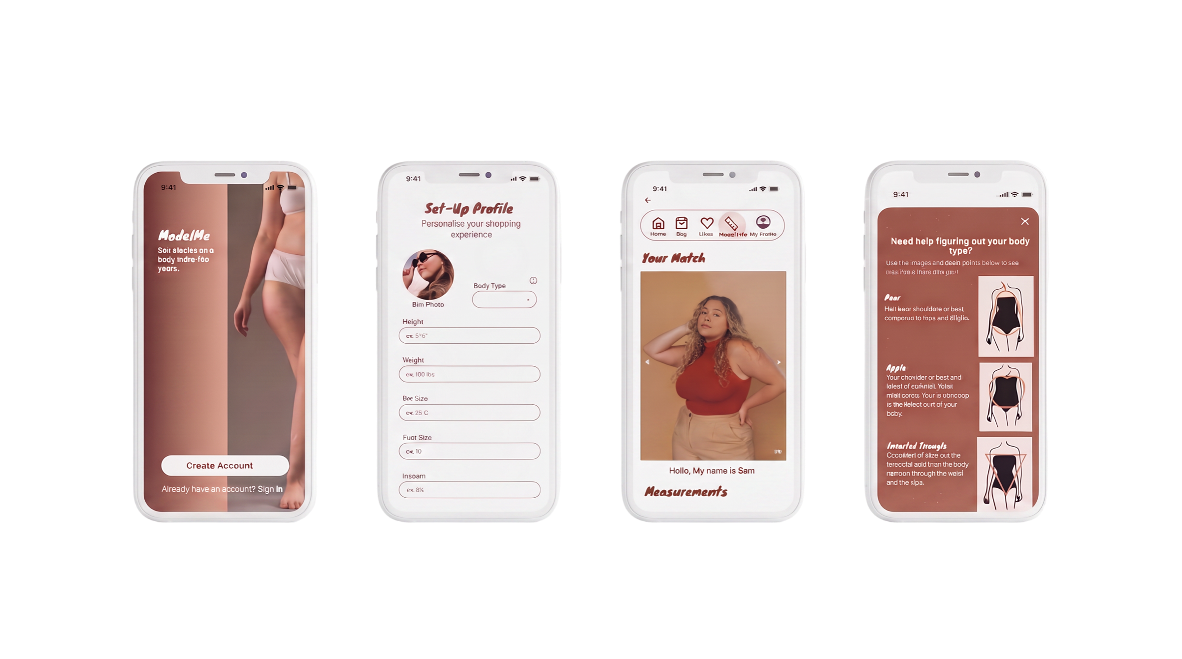 Four smartphone screens displaying a fashion or body measurement app, showing profile setup, measurements, match results, and body shape guidance.