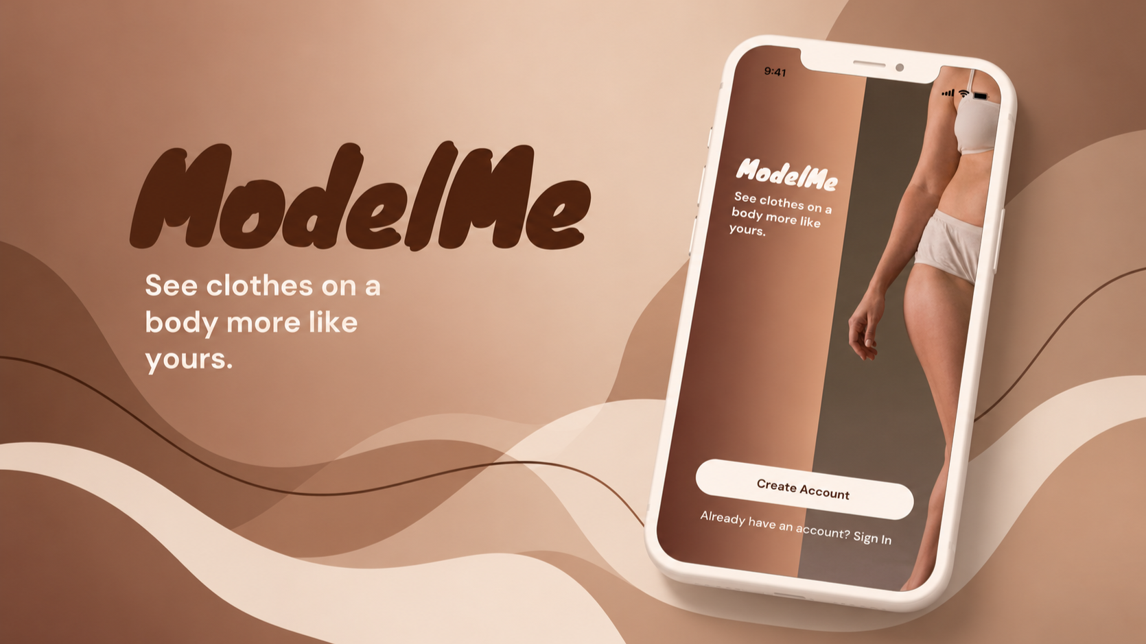 Promotional graphic for the app ModelMe, showing a smartphone screen with the app's sign-in page featuring an image of a woman in underwear, and the slogan 'See clothes on a body more like yours.' The background has a pink and tan abstract design.