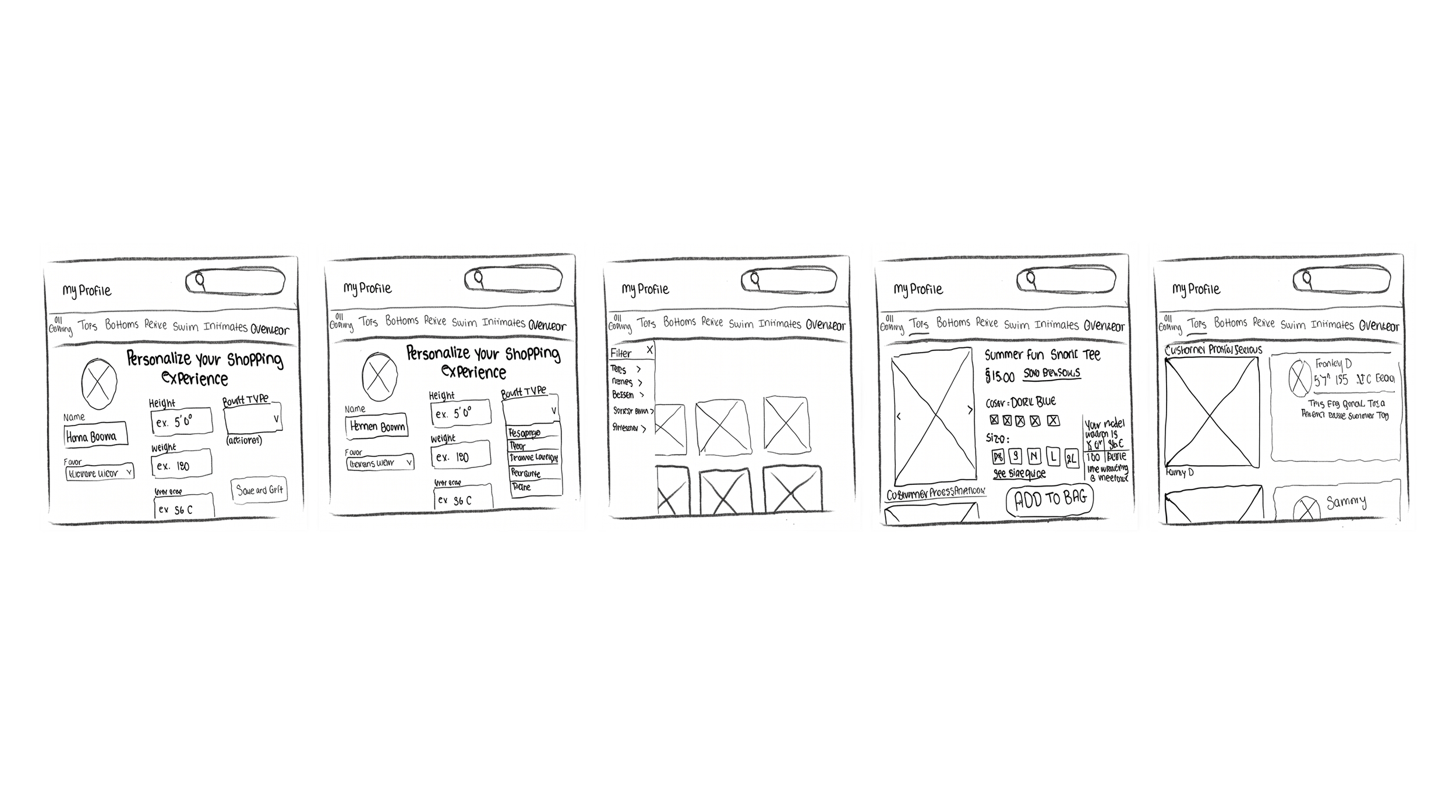 A sequence of five hand-drawn wireframe sketches of a shopping app interface.
