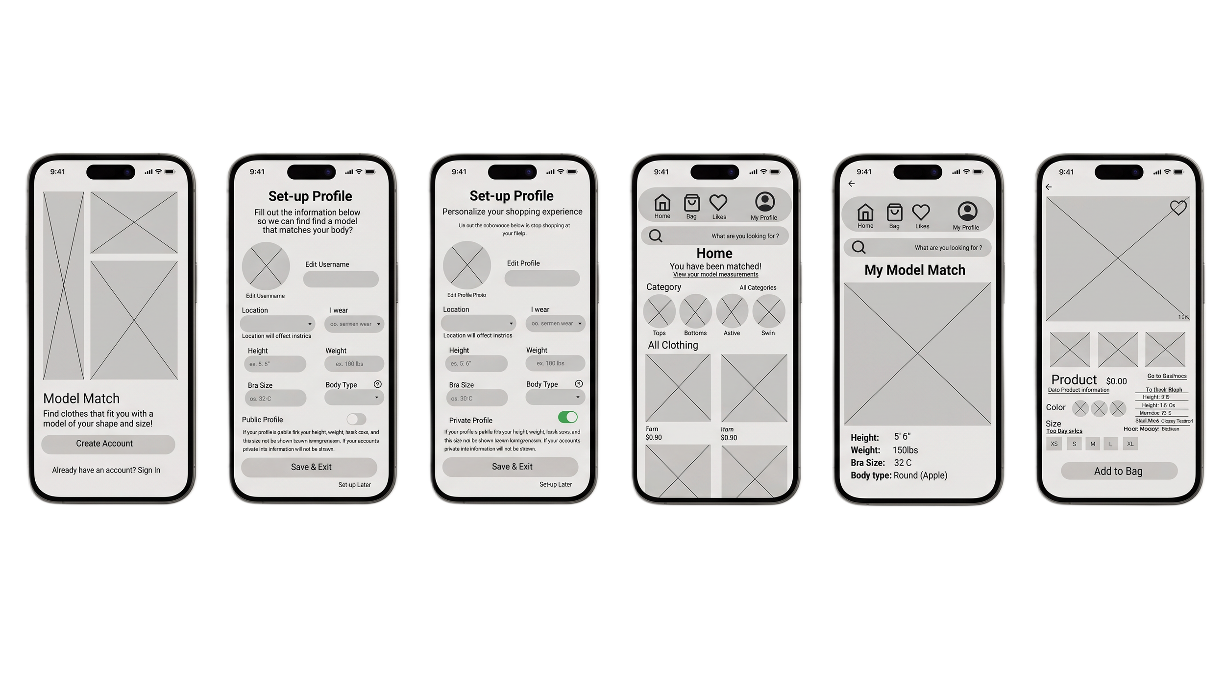 Series of six low-fidelity wireframes.