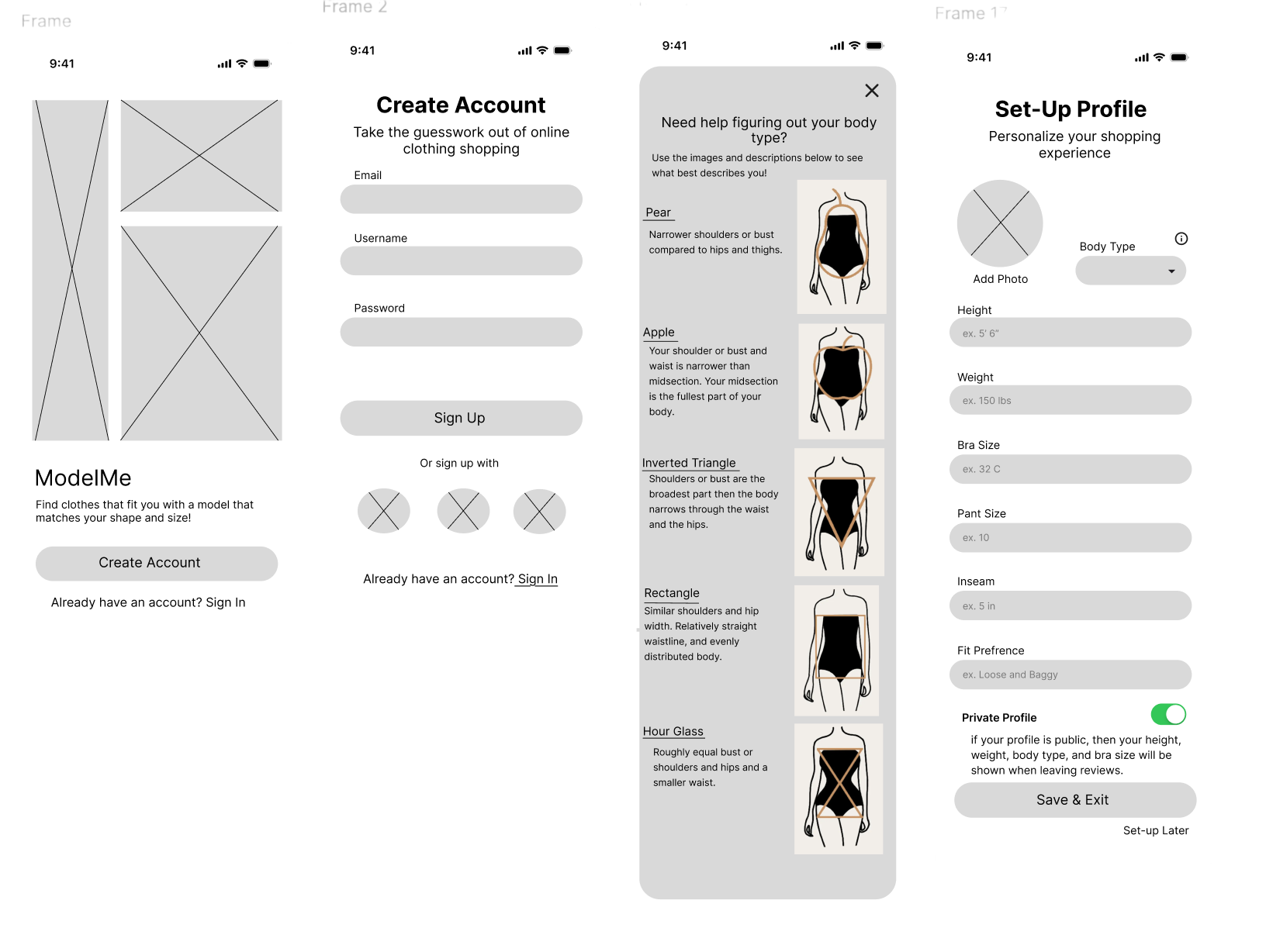 Screenshots of ModleMe wireframes after user testing.