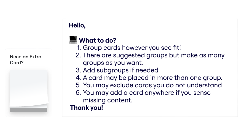 Screenshot of a digital card sorting instructions with a small card labeled "Need an Extra Card?" on the left side.