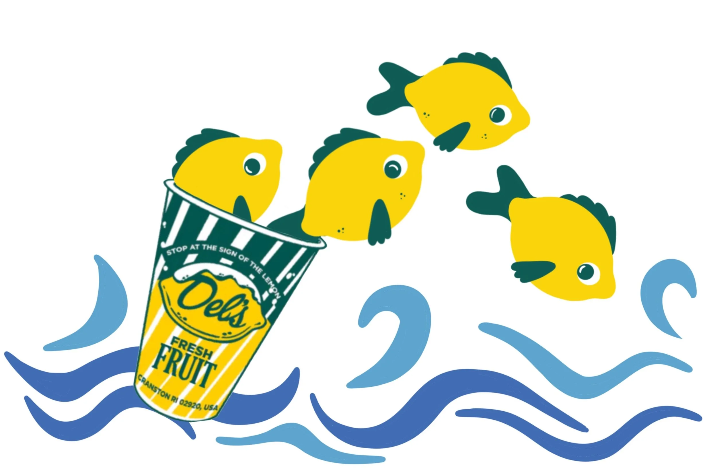 This is a T-shirt graphic for Del’s Lemonade based on the creative concept of lemon-shaped fish jumping out of a Del’s cup into the ocean. 