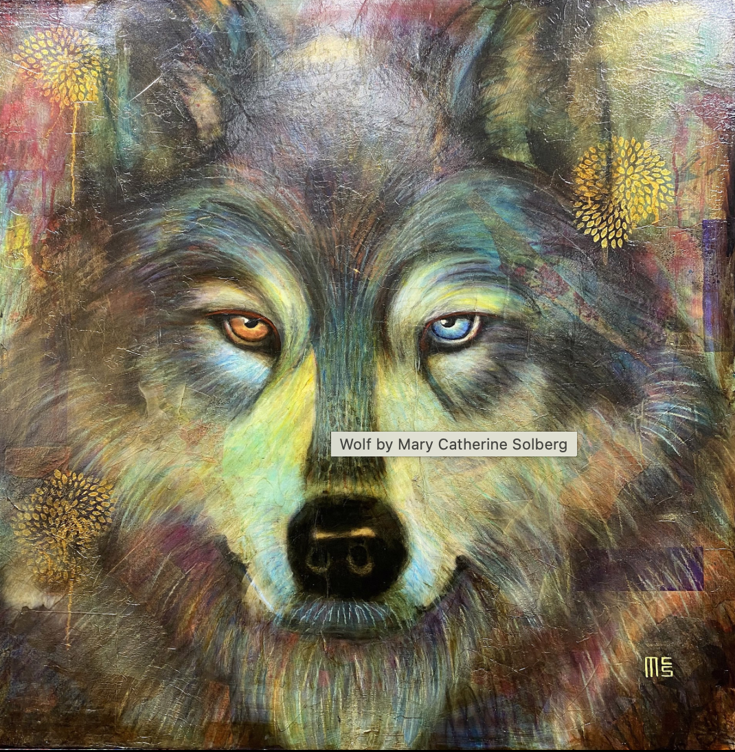 Wolf, mixed media/collage, 36 x 36 inches