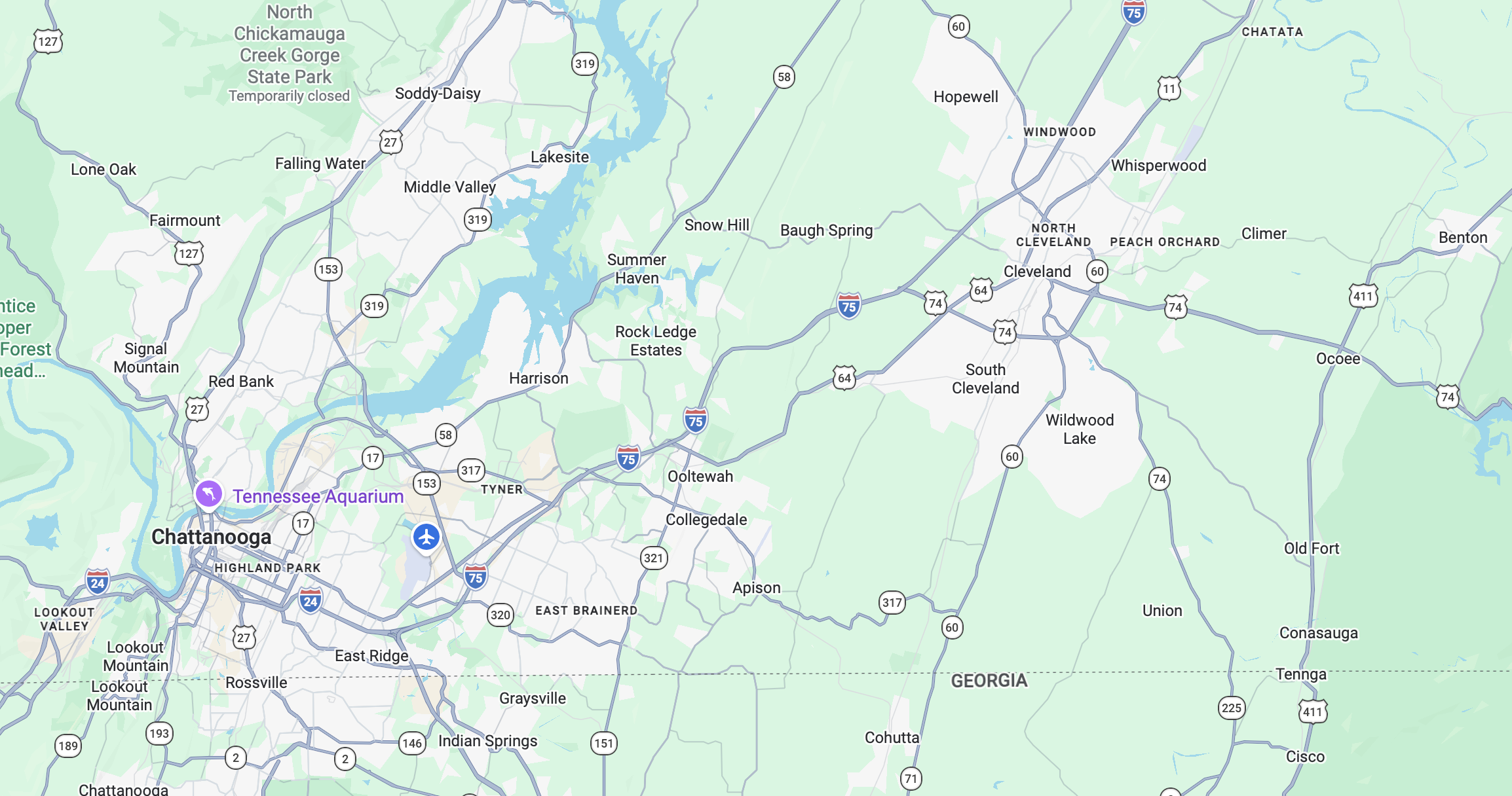 Map showing Chattanooga, Tennessee, and surrounding areas with highways, lakes, parks, and landmarks like Tennessee Aquarium and Chattanooga.