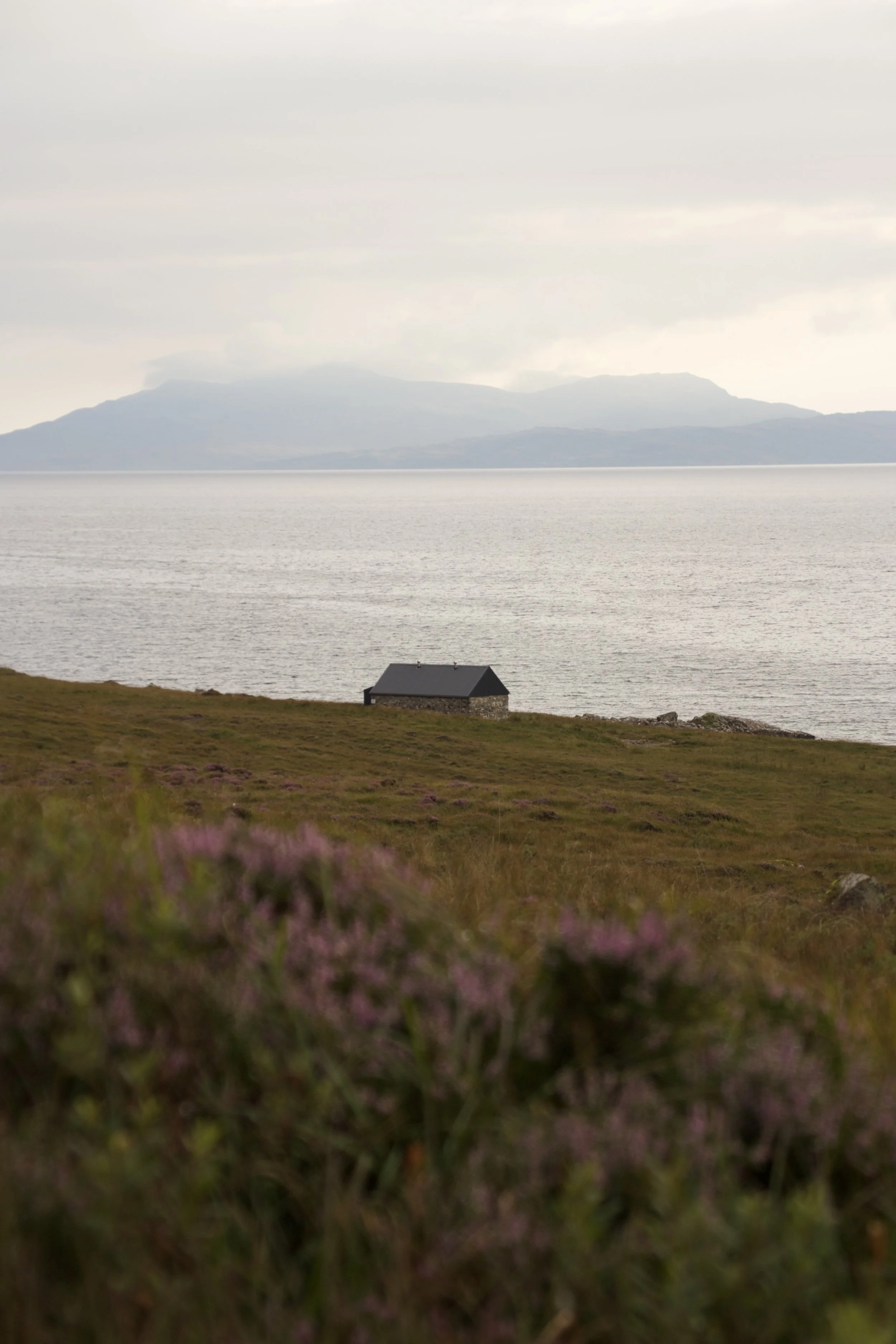 A house with a dark roof situated on a grassy hill overlooking a body of water, with distant mountains in the background under a cloudy sky.
