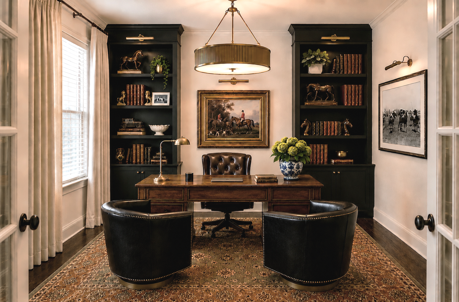 A traditional home office with a wooden desk, leather chair, black bookcases, framed artwork, a large flower arrangement, and a patterned rug.