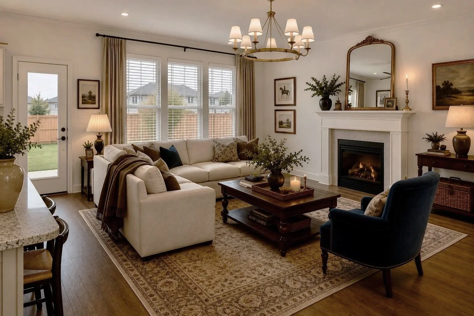 Elegant living room with a beige sectional sofa, a dark wood coffee table, a black armchair, and a fireplace with a large mirror above. Large windows with blinds and curtains let in natural light. Decor includes framed pictures, table lamps, and vase