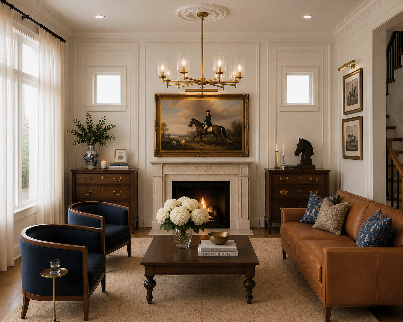 Elegant living room with fireplace, floral centerpiece, blue armchairs, leather sofa, gold chandelier, and artwork of a man riding a horse.