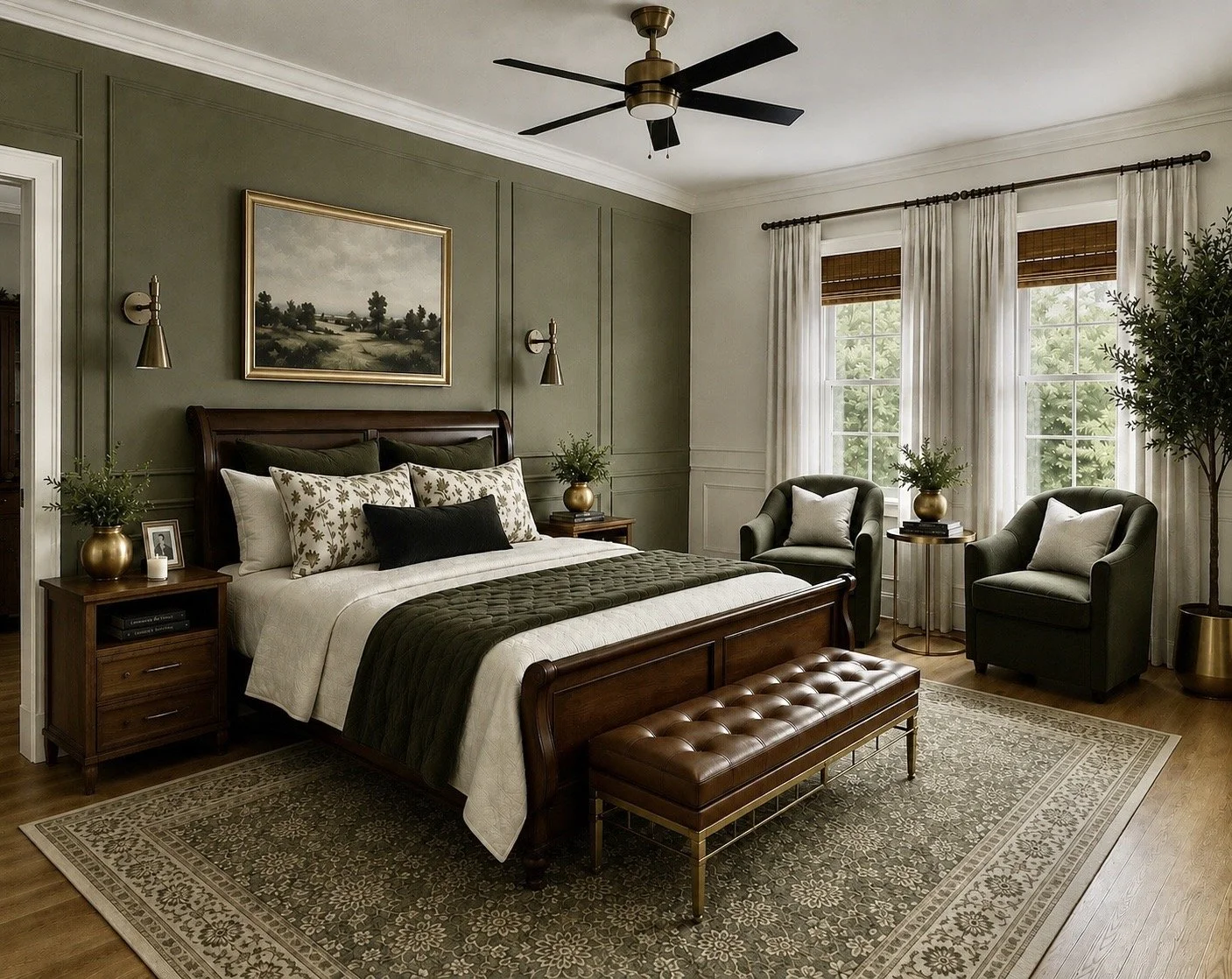 A bedroom with green and white walls, a wooden bed with patterned pillows, a leather bench at the foot of the bed, two armchairs near windows with white curtains, and wooden side tables with plants and decorative items.