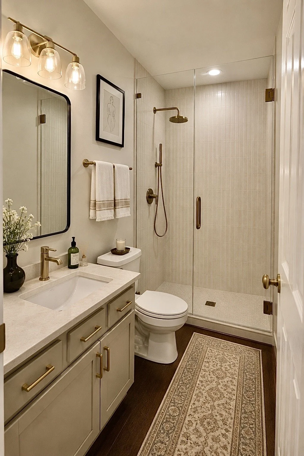 Modern bathroom with beige vanity, gold fixtures, glass shower with brass hardware, and decorative rug on dark wood floor.