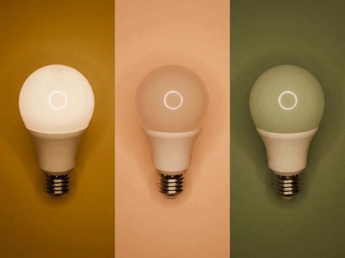 Three light bulbs showing different colors of light: warm white on the left, neutral white in the middle, and cool white on the right.