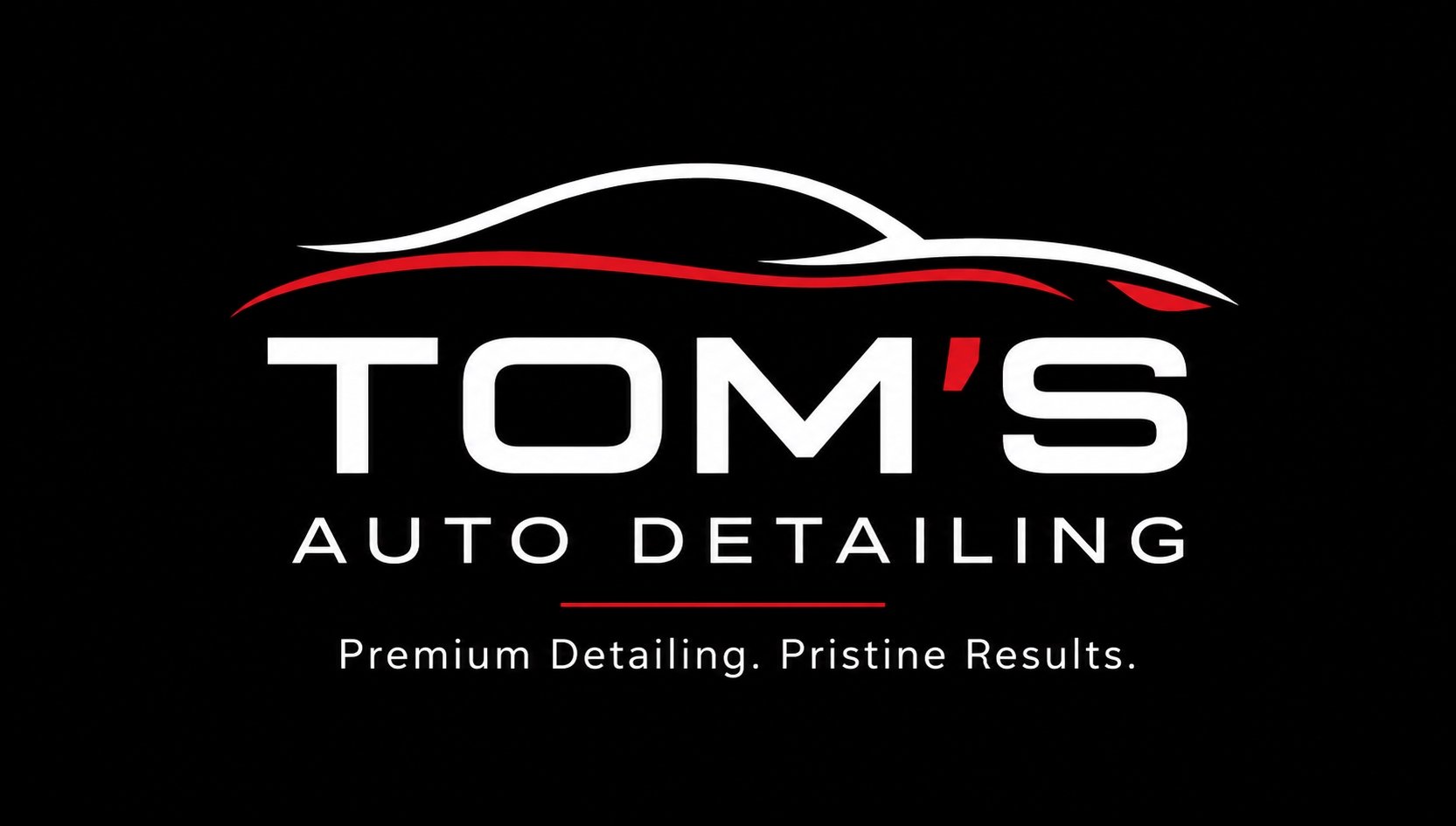 Logo for Tom's Auto Detailing with a stylized car outline in red and white, and text highlighting 'Premium Detailing. Pristine Results.'