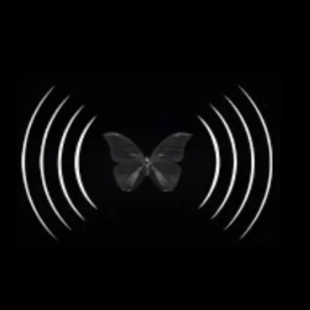 A butterfly surrounded by radio wave lines on a black background.