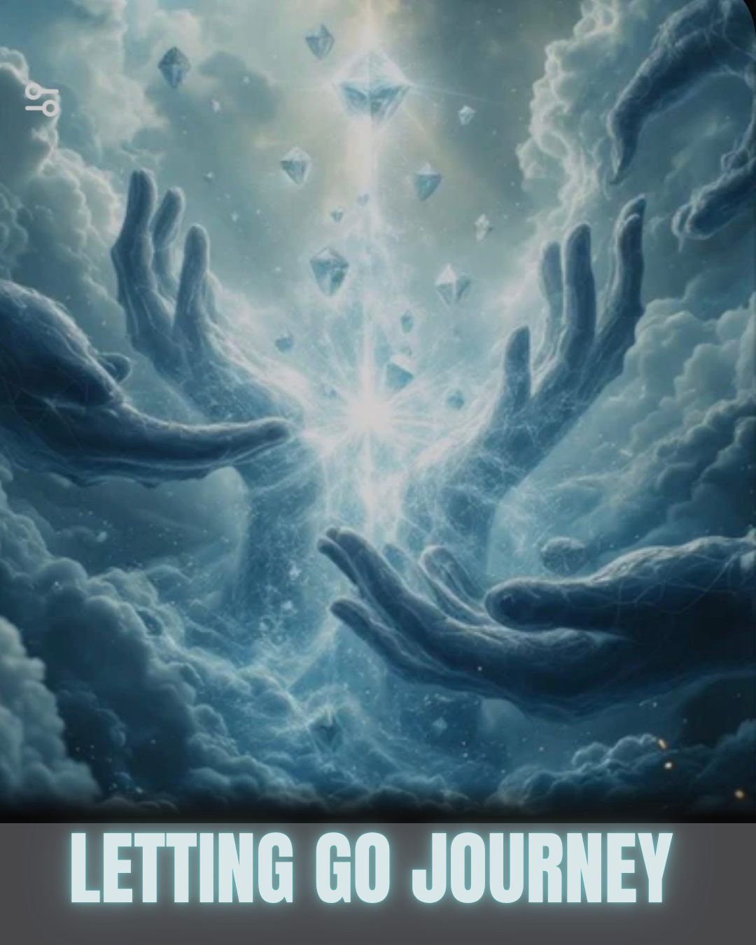 Two celestial hands reaching towards floating diamonds and a bright light in a cloudy sky, with the text 'Letting Go Journey' at the bottom.